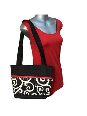 Black and White Fabric Shoulder Bag with Beads by Marty Bags